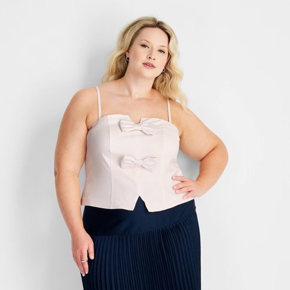 Future Collective Womens Plus Size 1X Holiday Bow Front Tank Top in Cream 098